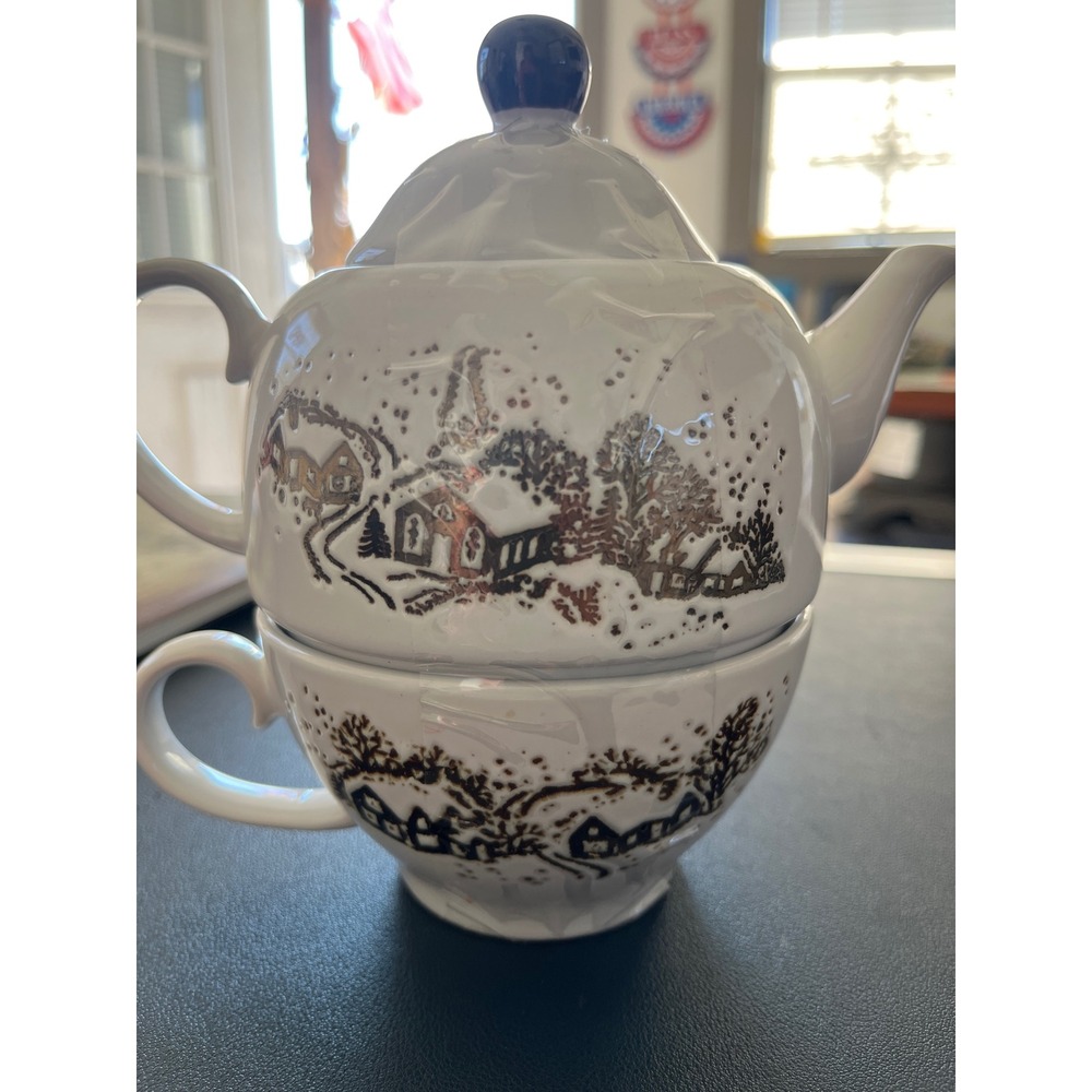 Cracker Barrel‎ Teapot and Cup Set Winter Village Scene Stoneware